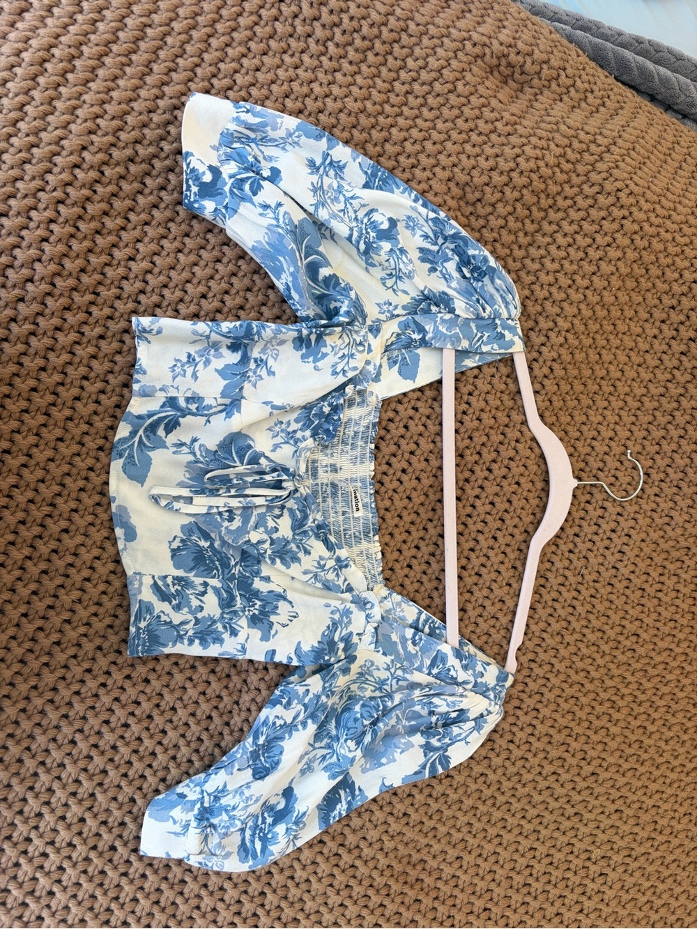 Reformation Blue and White Floral Smocked Tie-Front Top